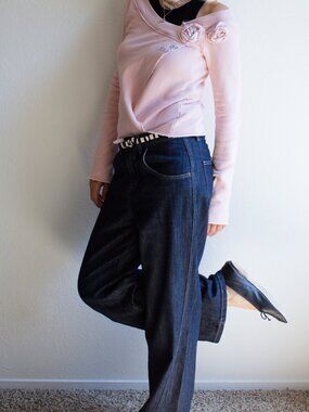 Y2K Miss Sixty Light Pink Boat Neck Overlay Crossover Sweatshirt 3D Flowers XS S